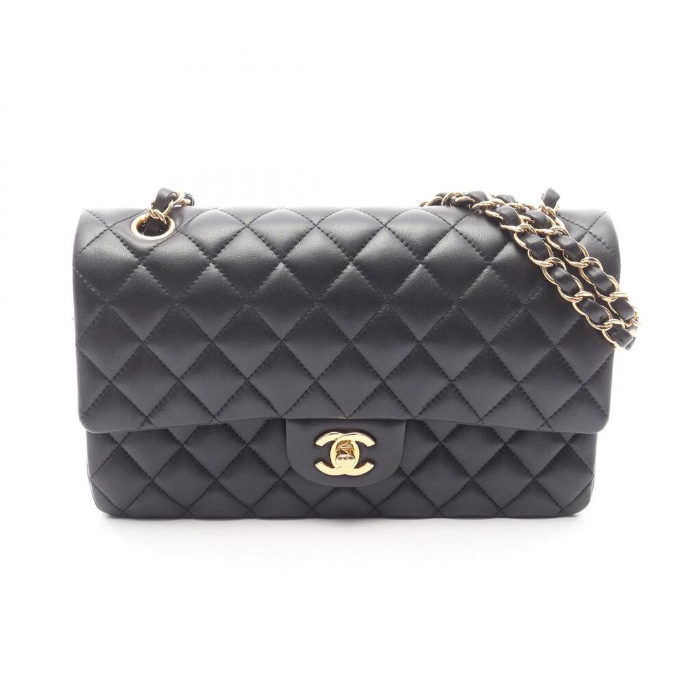 Chanel Matelasse Double Flap Shoulder Bag Lambskin Sheepskin Black